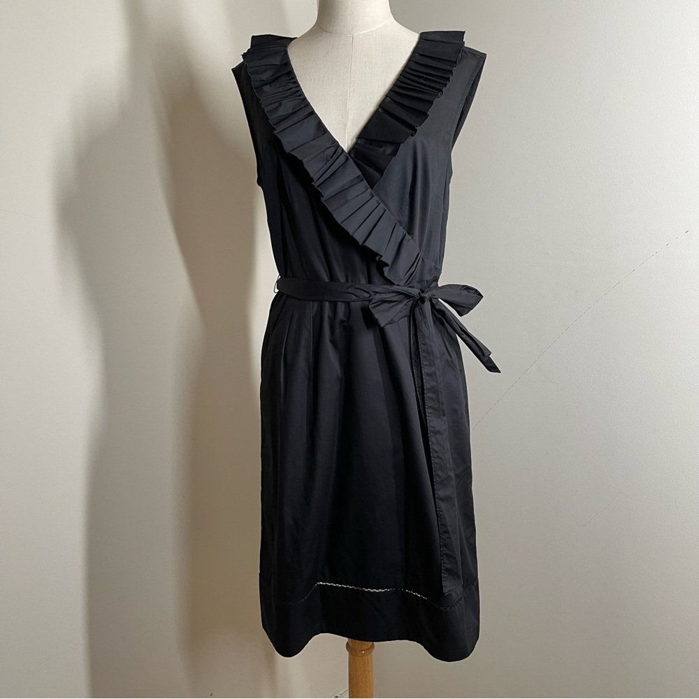 Ann Taylor LOFT Women’s-SZ 8-Black Ruffle Neck Faux Wrap Belted Sleeveless Dress